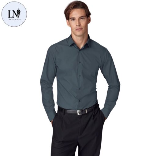 Petrol Blue Slim Fit Easy Care Single Cuff Shirt