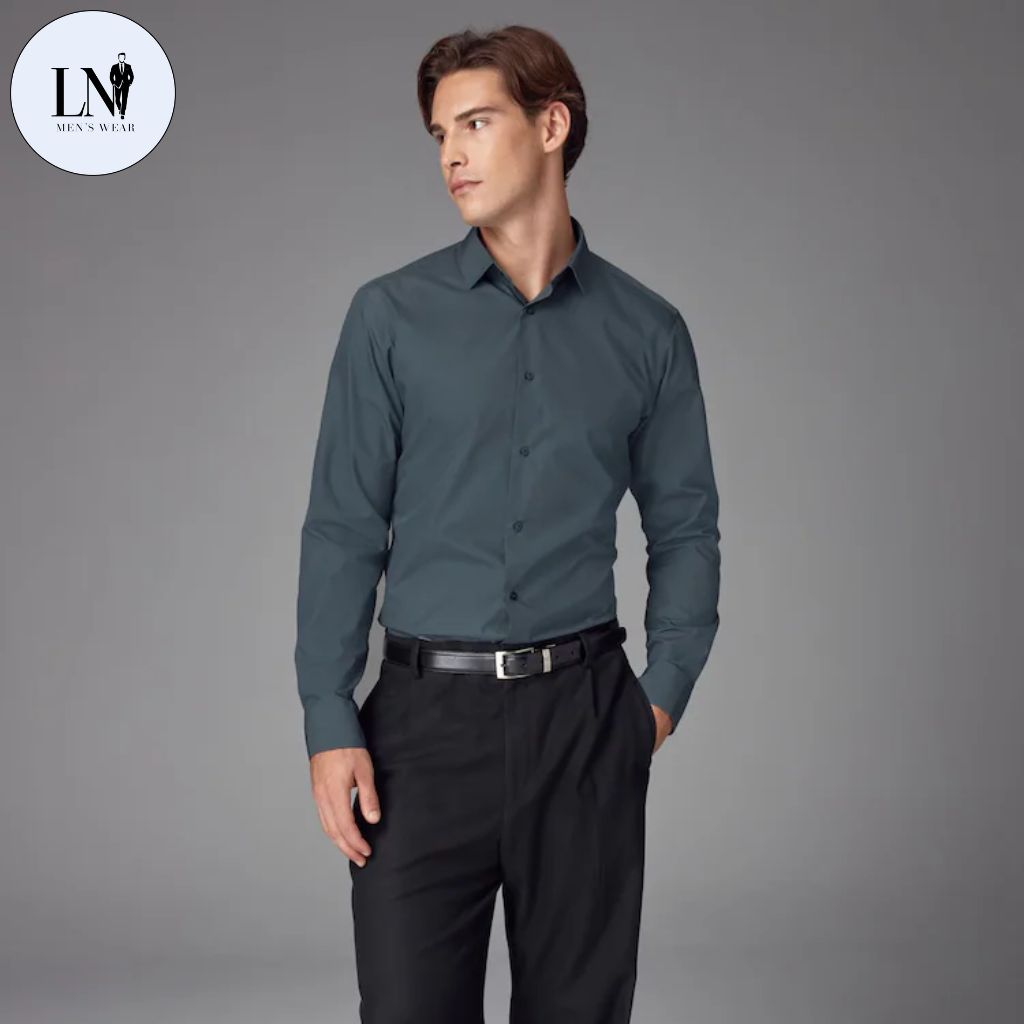 Petrol Blue Slim Fit Easy Care Single Cuff Shirt